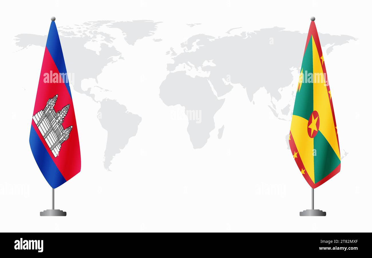 Cambodia and Grenada flags for official meeting against background of world map. Stock Vector