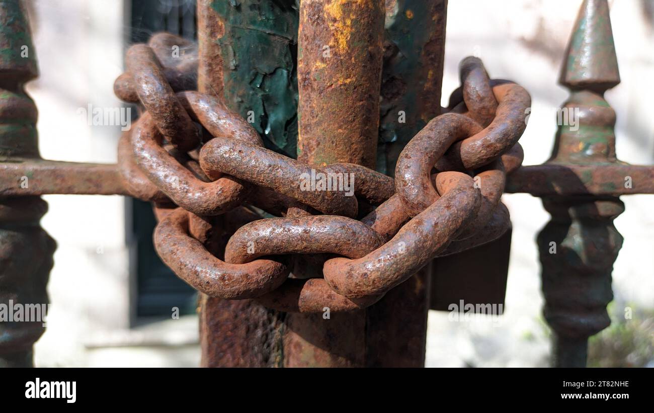 The old rusty gate is closed and wrapped with a thick steel chain with ...