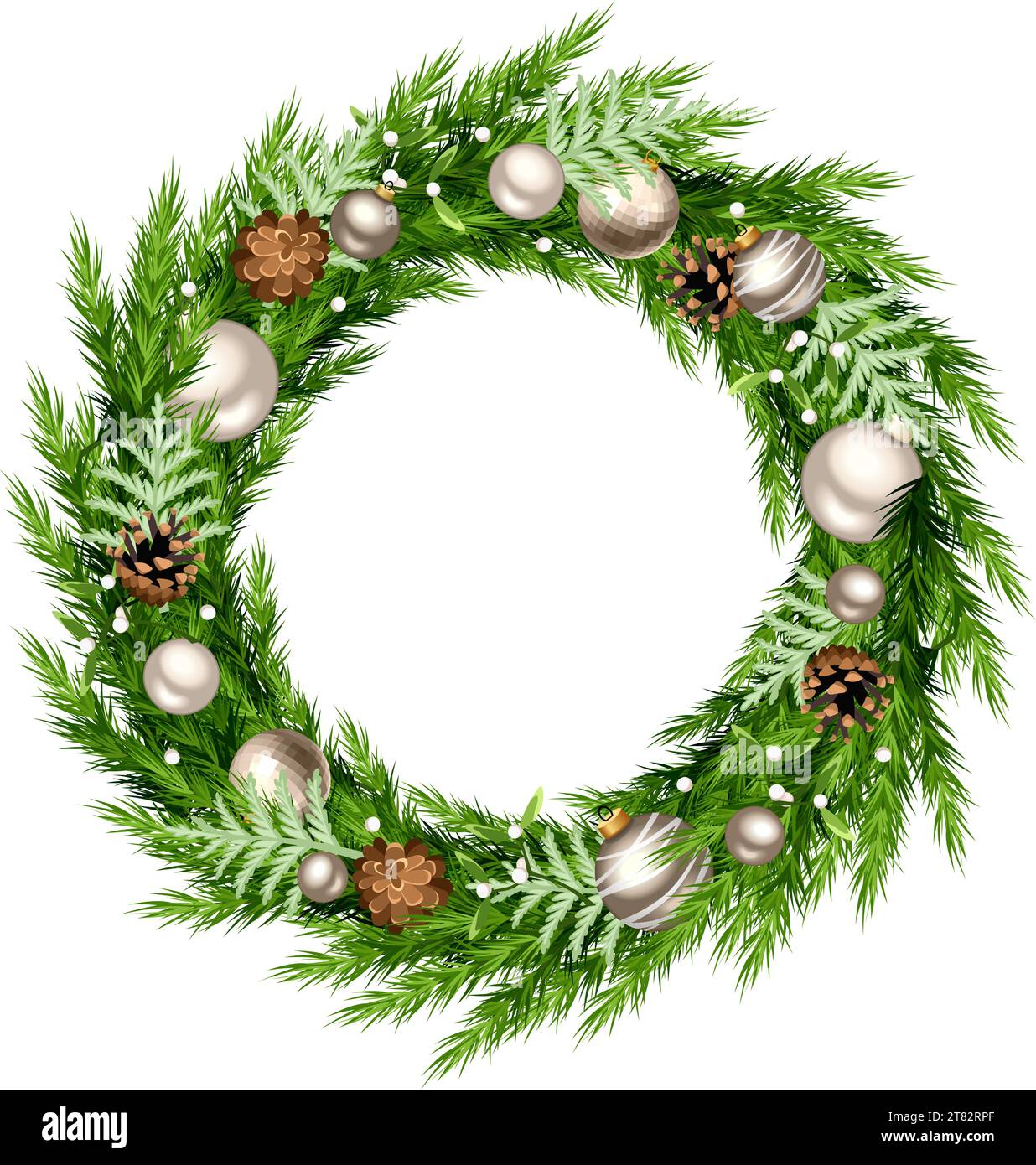 Christmas wreath with green fir branches, silver and white Christmas ...