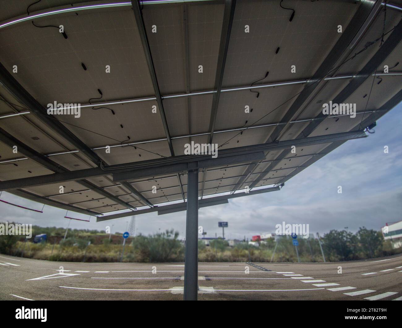 Solar canopy installation over parking. Wide angle lens view Stock Photo