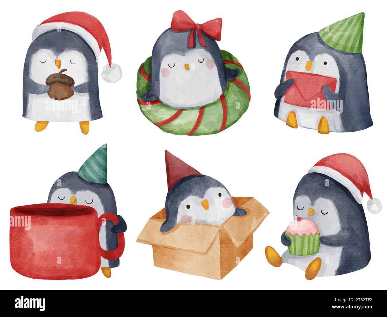 Penguin . Christmas theme . Watercolor paint cartoon characters