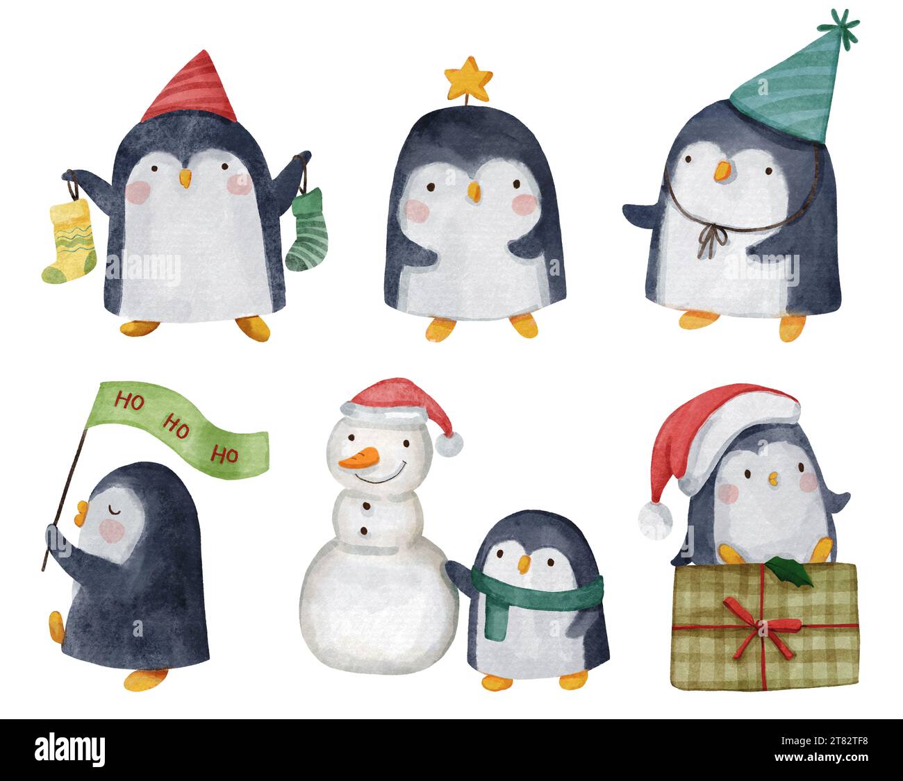 Penguin . Christmas theme . Watercolor paint cartoon characters