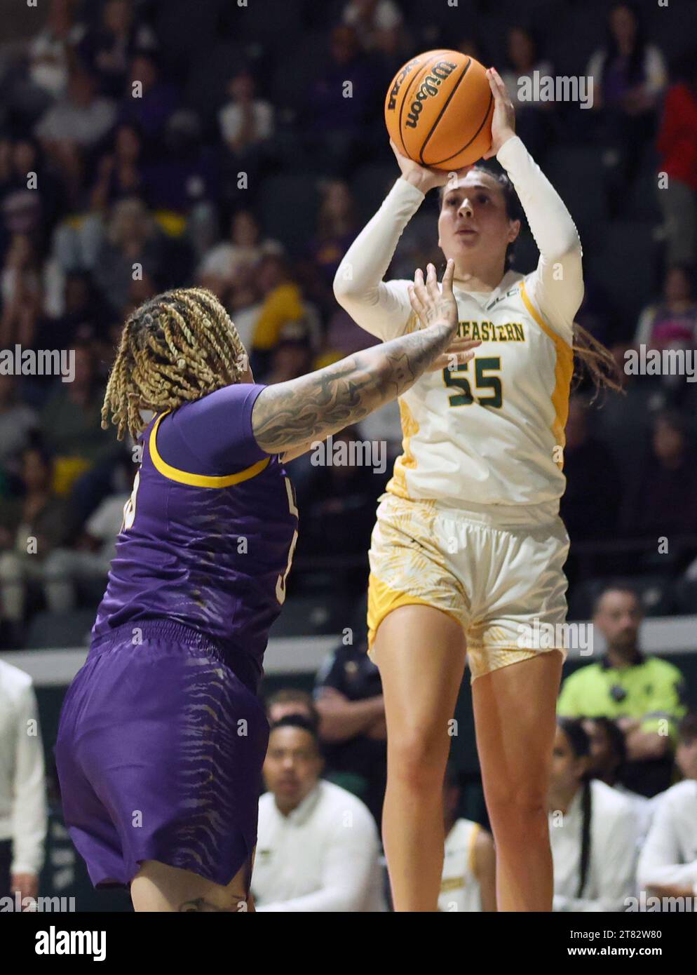 Hammond, USA. 17th Nov, 2023. SE Louisiana Lady Lions guard Hailey Giaratano (55) shoots a jumper against LSU Lady Tigers guard Kateri Poole (55) uring a women's college basketball game at the University Center in Hammond, Louisiana on Friday, November 17, 2023. (Photo by Peter G. Forest/Sipa USA) Credit: Sipa USA/Alamy Live News Stock Photo
