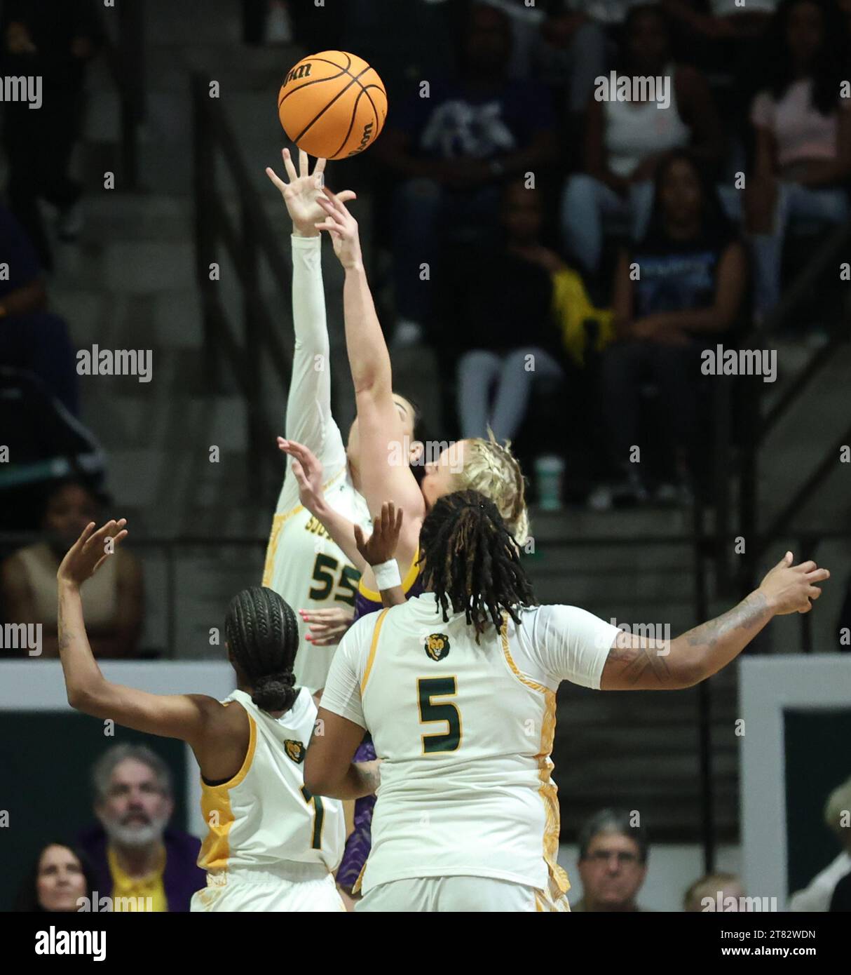 LSU Lady Tigers guard Hailey Van Lith (11) shoots a layup against SE Louisiana Lady Lions guard Hailey Giaratano (55) during a women’s college basketball game at the University Center in Hammond, Louisiana on Friday, November 17, 2023.  (Photo by Peter G. Forest/Sipa USA) Stock Photo