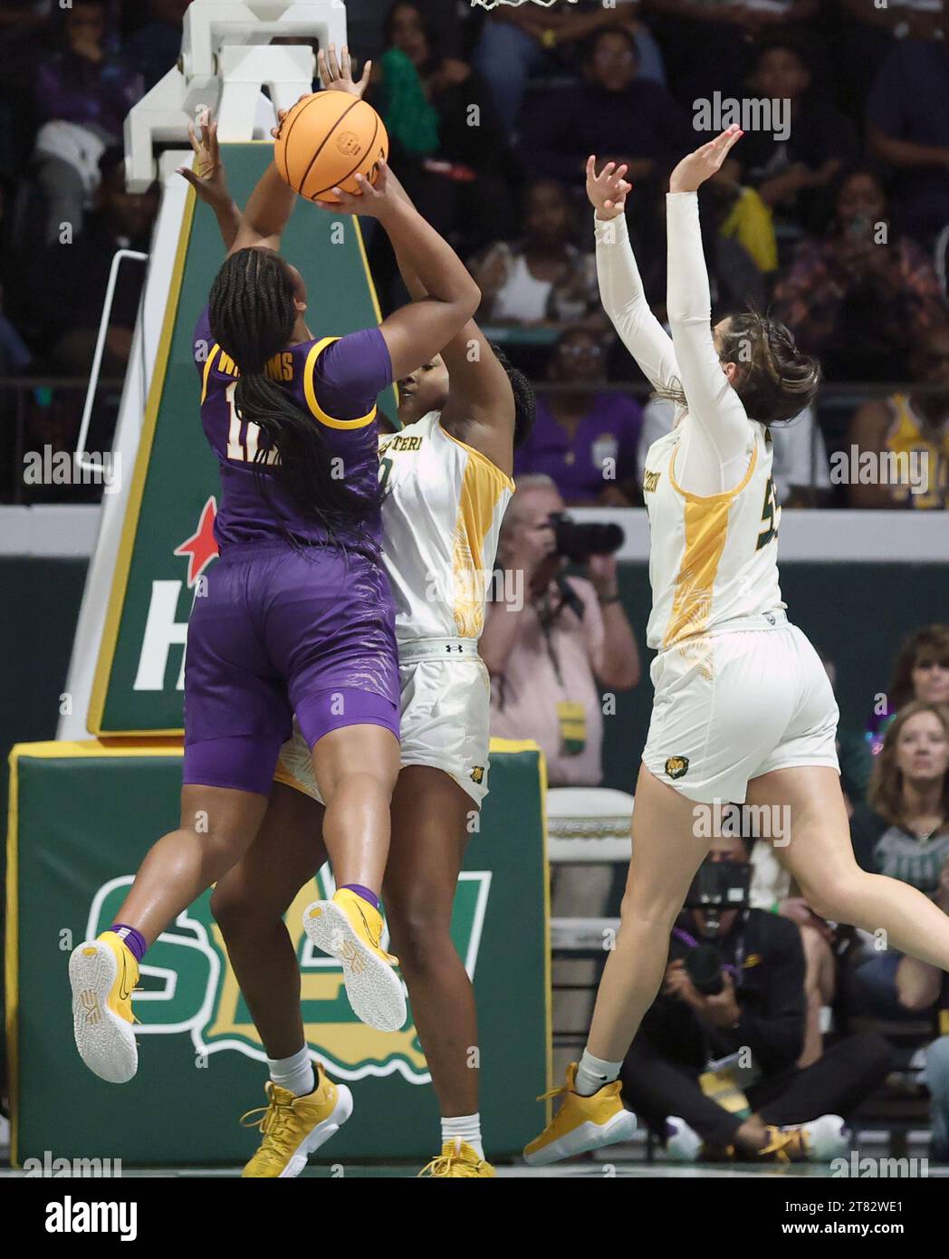Hammond, USA. 17th Nov, 2023. LSU Lady Tigers guard Mikaylah Williams (12) drives into SE Louisiana Lady Lions forward Cheyanne Daniels (30) en route to a layup during a women's college basketball game at the University Center in Hammond, Louisiana on Friday, November 17, 2023. (Photo by Peter G. Forest/Sipa USA) Credit: Sipa USA/Alamy Live News Stock Photo