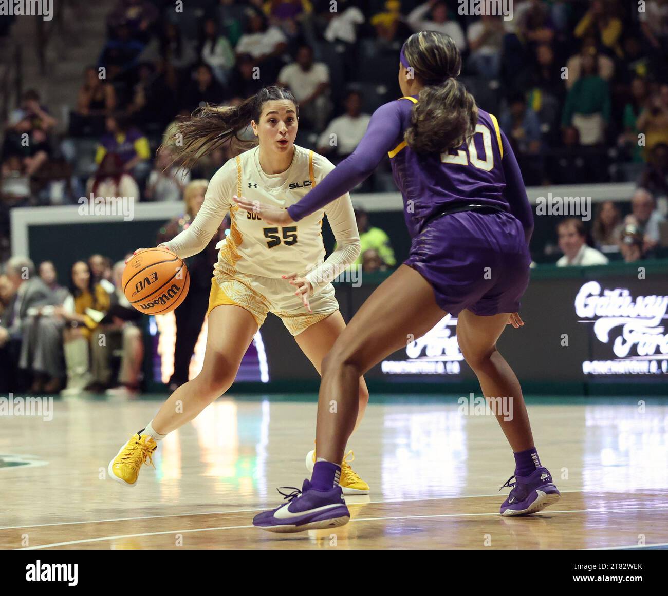 Hammond, USA. 17th Nov, 2023. SE Louisiana Lady Lions guard Hailey Giaratano (55) tries to make a move on LSU Lady Tigers guard Janae Kent (20) during a women's college basketball game at the University Center in Hammond, Louisiana on Friday, November 17, 2023. (Photo by Peter G. Forest/Sipa USA) Credit: Sipa USA/Alamy Live News Stock Photo
