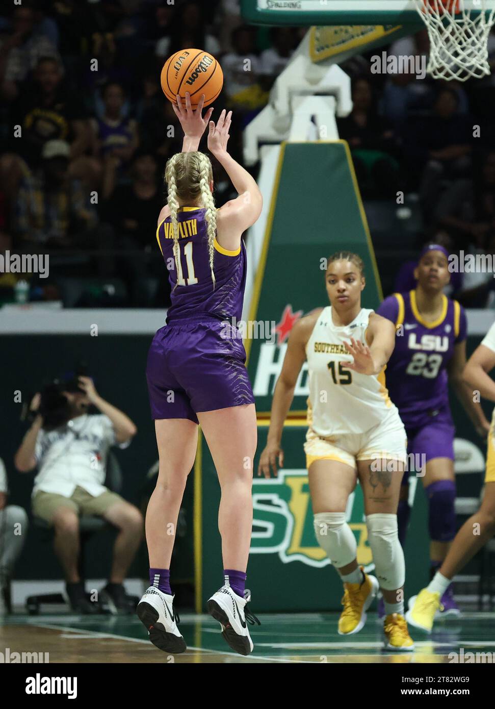 Hammond, USA. 17th Nov, 2023. LSU Lady Tigers guard Hailey Van Lith (11) shoots a three-pointer during a women's college basketball game at the University Center in Hammond, Louisiana on Friday, November 17, 2023. (Photo by Peter G. Forest/Sipa USA) Credit: Sipa USA/Alamy Live News Stock Photo