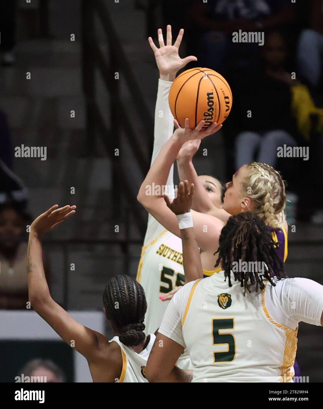 Hammond, USA. 17th Nov, 2023. LSU Lady Tigers guard Hailey Van Lith (11) shoots a layup against SE Louisiana Lady Lions guard Hailey Giaratano (55) during a women's college basketball game at the University Center in Hammond, Louisiana on Friday, November 17, 2023. (Photo by Peter G. Forest/Sipa USA) Credit: Sipa USA/Alamy Live News Stock Photo