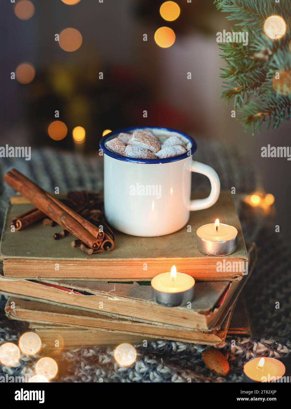 Christmas cup of cocoa with marshmallows. A mug with a delicious hot drink . New Year's mood, atmosphere. Happy Christmas Stock Photo