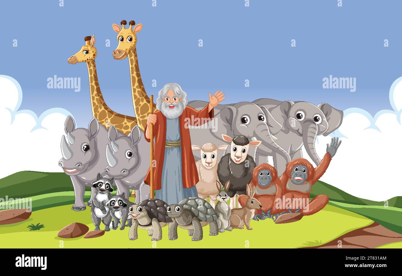 A vibrant cartoon illustration depicting a group of wild animals in the