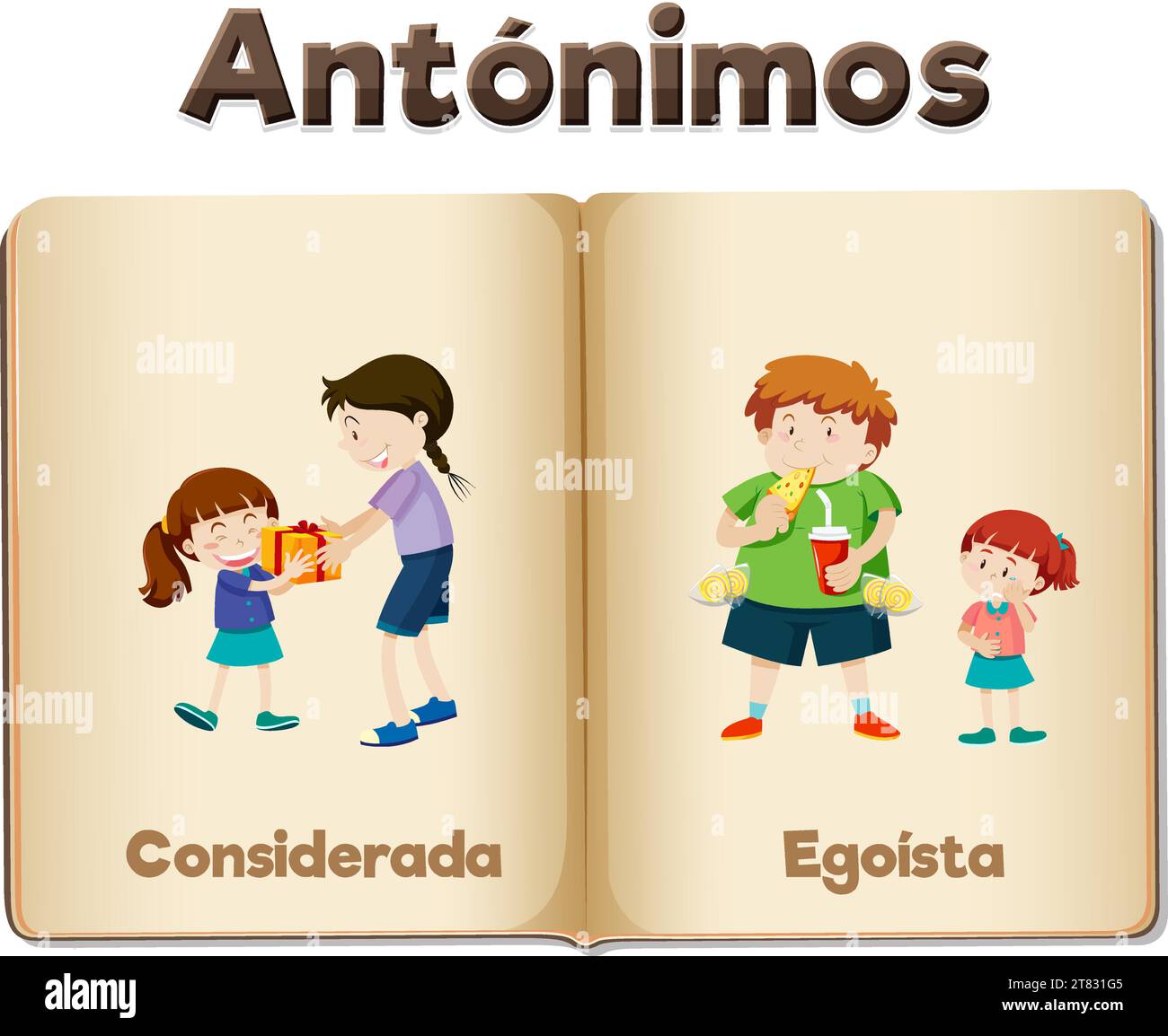 An illustrated word card in Spanish depicting the antonyms 'Considerada