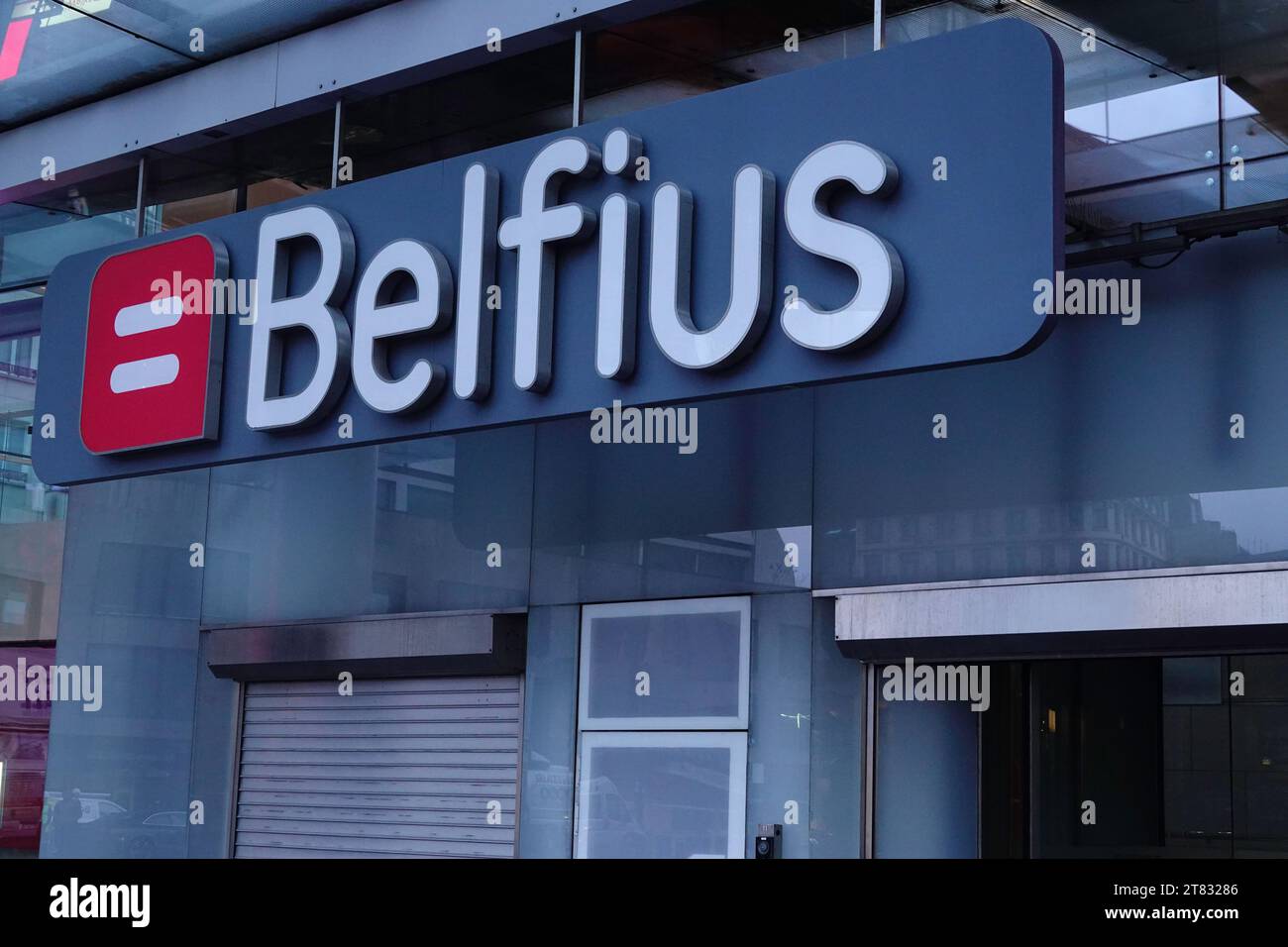 Brussels, Brabant, Belgium 11 17 2023 - Closeup on the Belfius Finance bank head-office entrance logo at Rogier square in the morning Stock Photo