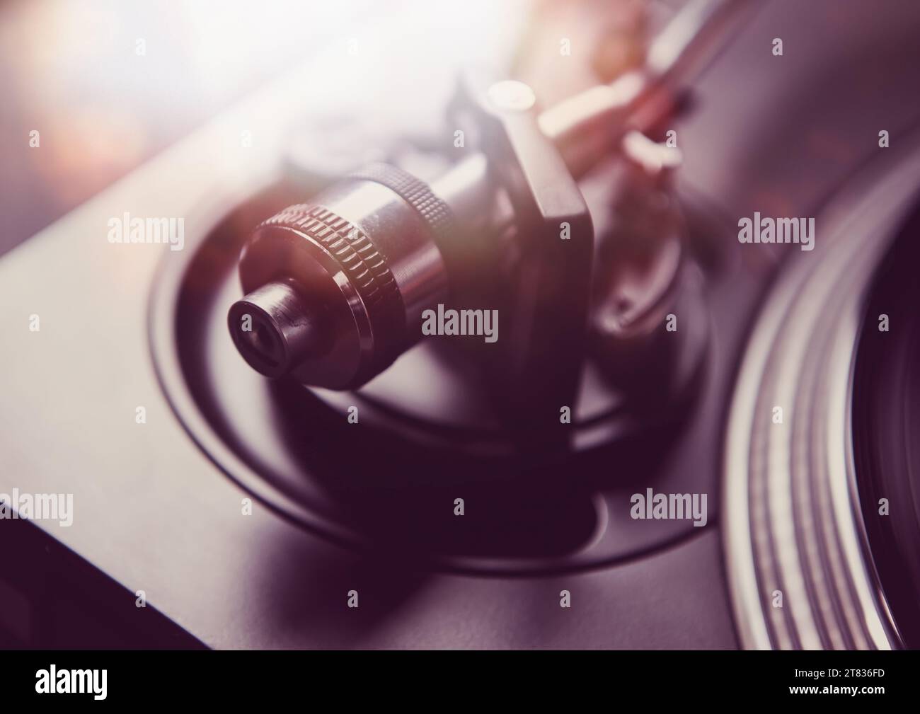 Vinyl record player. Turntables tone arm weights in close up Stock