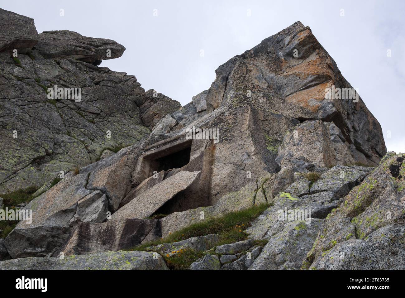 Porta di Buciaga pass. Rock emplacements of the First World War. Adamello mountain group. Italian Alps. Europe. Stock Photo