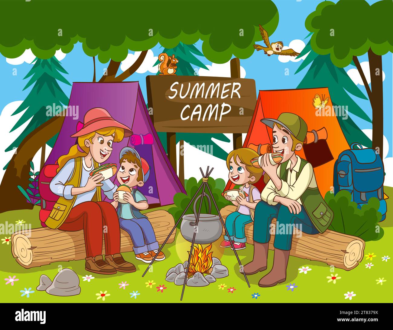 vector illustration of family camping and fishing Stock Vector Image ...