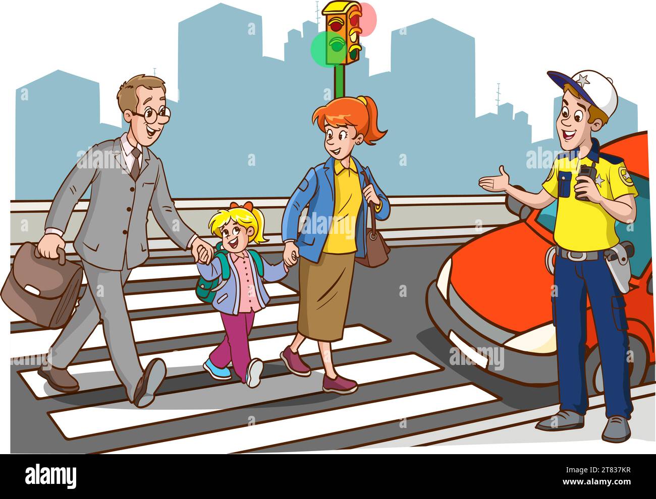 family walking on pedestrian crossing and traffic police helping them Stock Vector