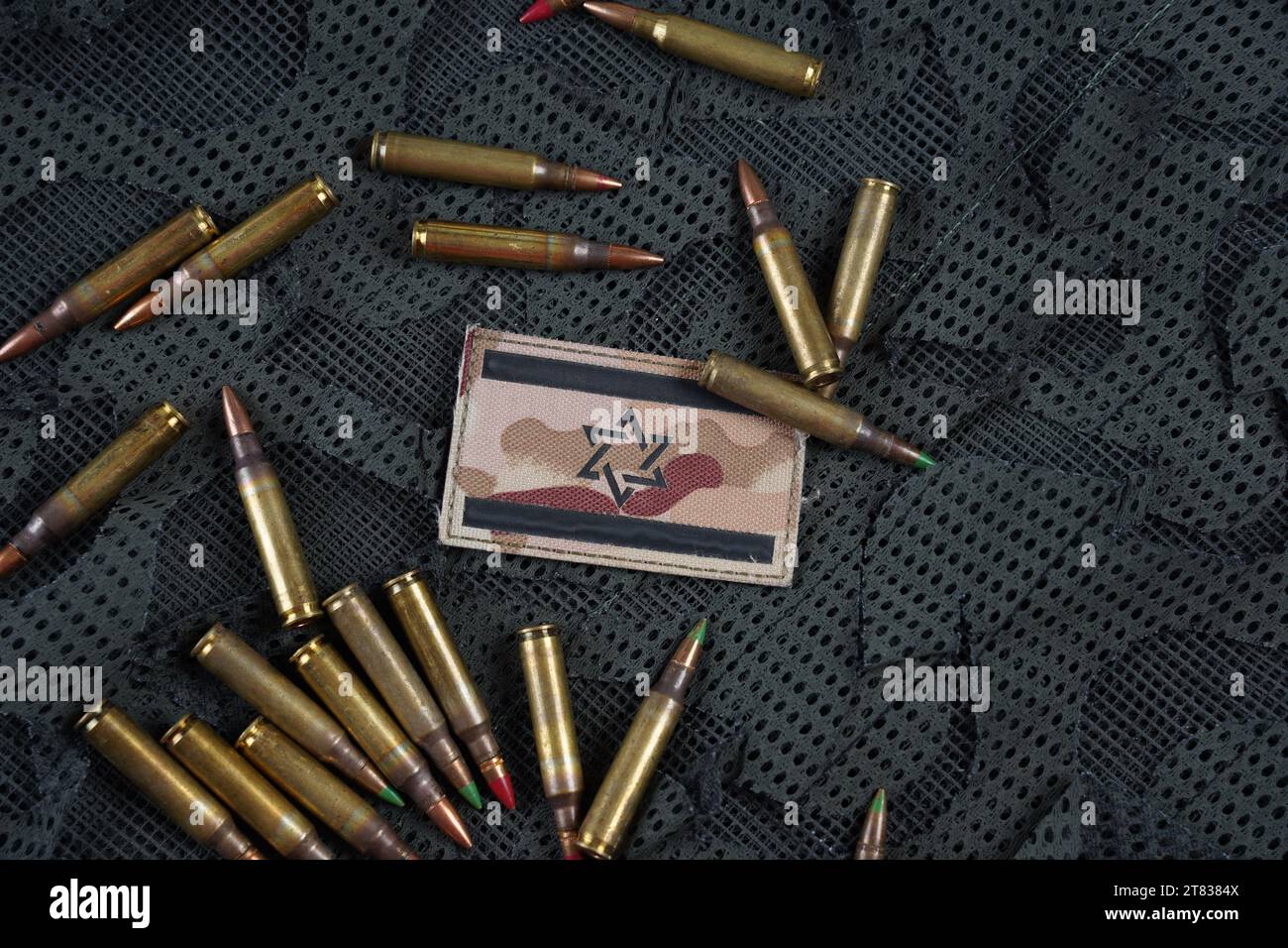 Israel Flag Tactical  on patch with weapon ammunition.  bullets ammunition. IDF military. Stock Photo