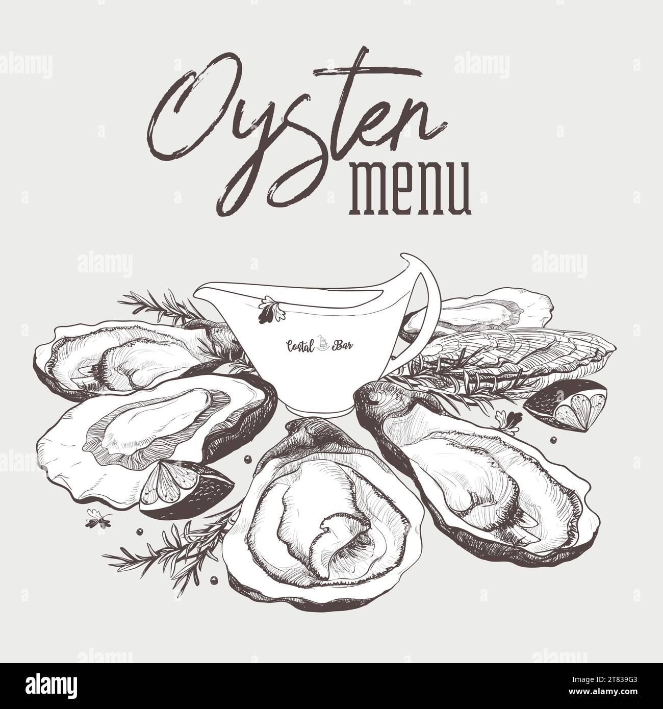 Vintage realistic oyster sketch. Bar menu design. Food menu design