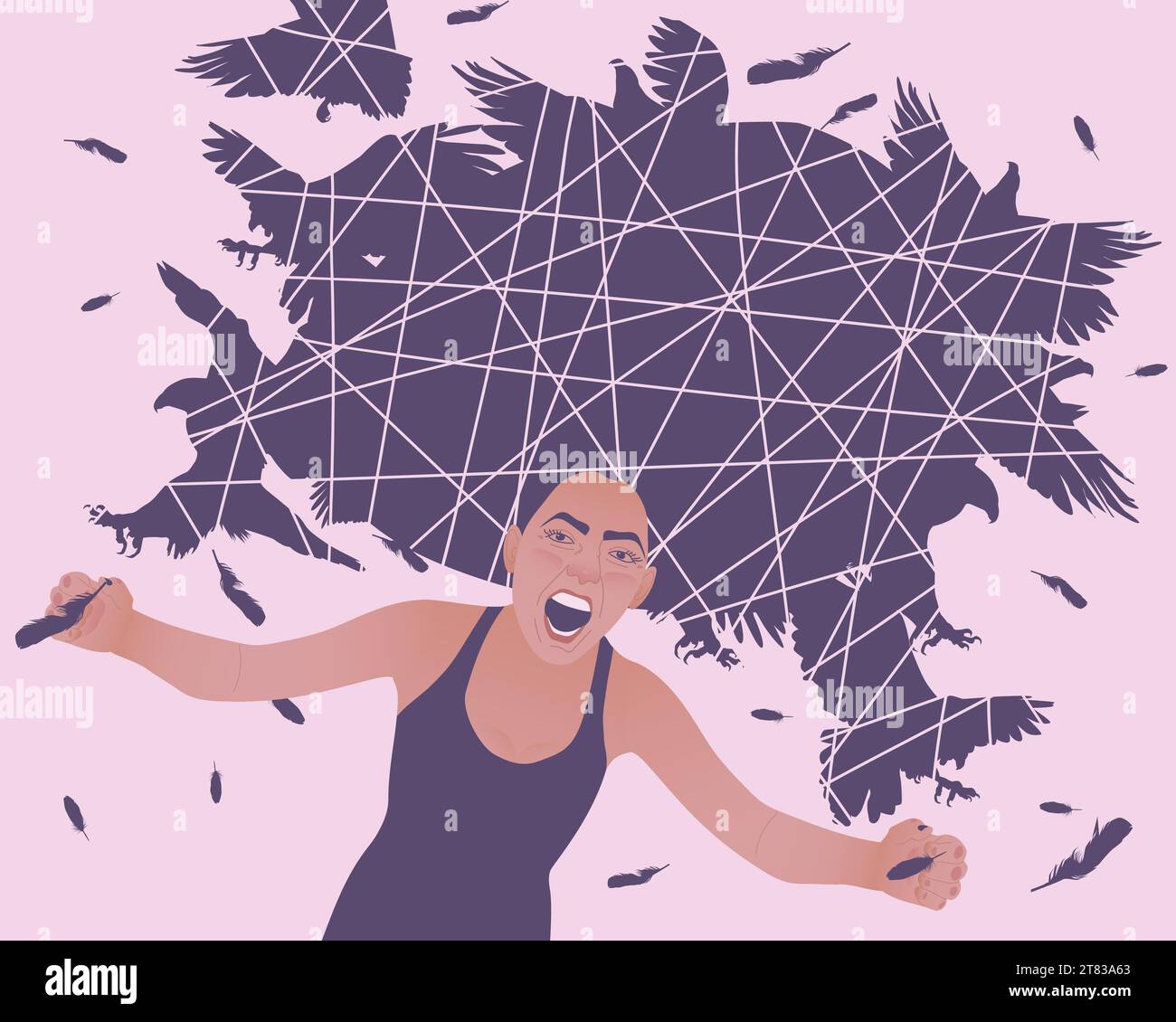 A woman on a pink background screams in rage.Predatory black birds burst out of her hair tangled with hopelessness. Illustration on the topic of outbu Stock Vector