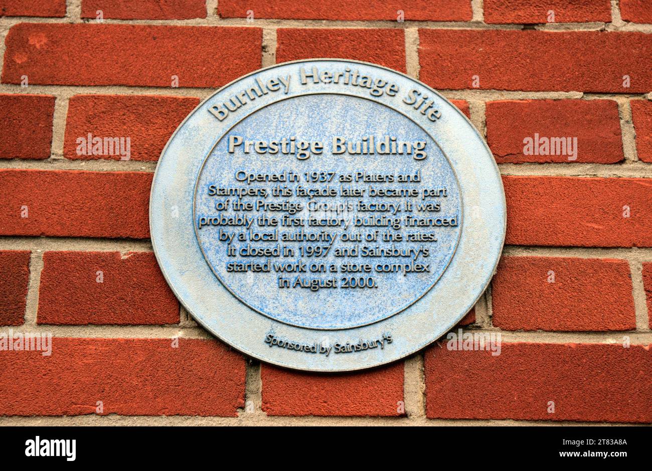 Prestige Building blue Plaque. Colne Road, Burnley. Stock Photo