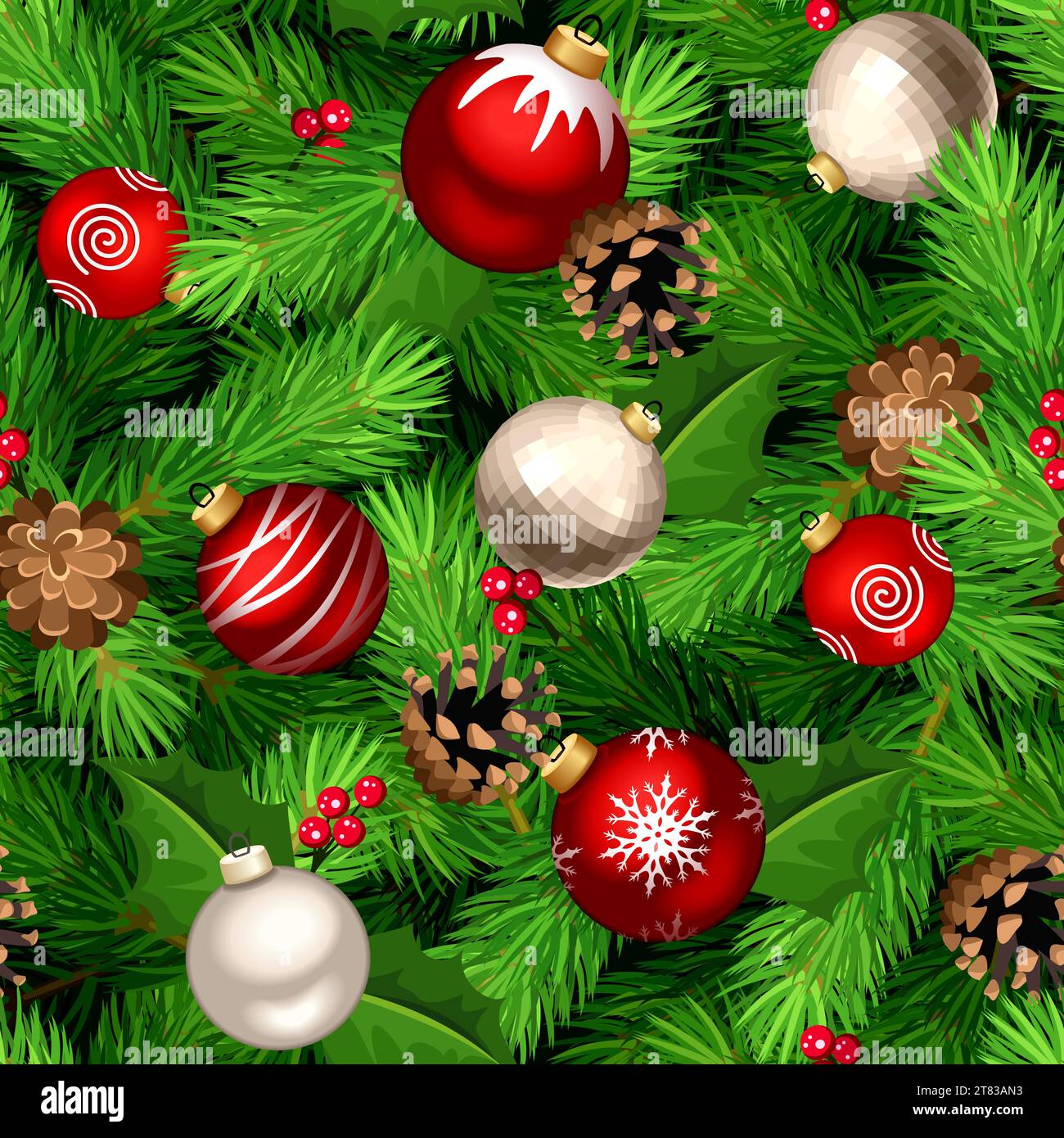 Christmas seamless background with green fir branches, red and silver ...