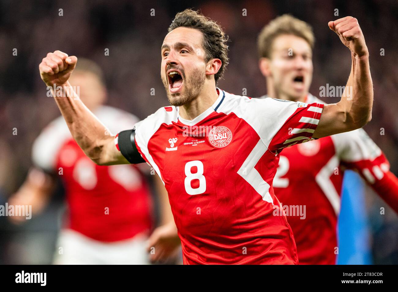 Copenhagen, Denmark. 17th Nov, 2023. Thomas Delaney (8) of Denmark scores for 21 during the