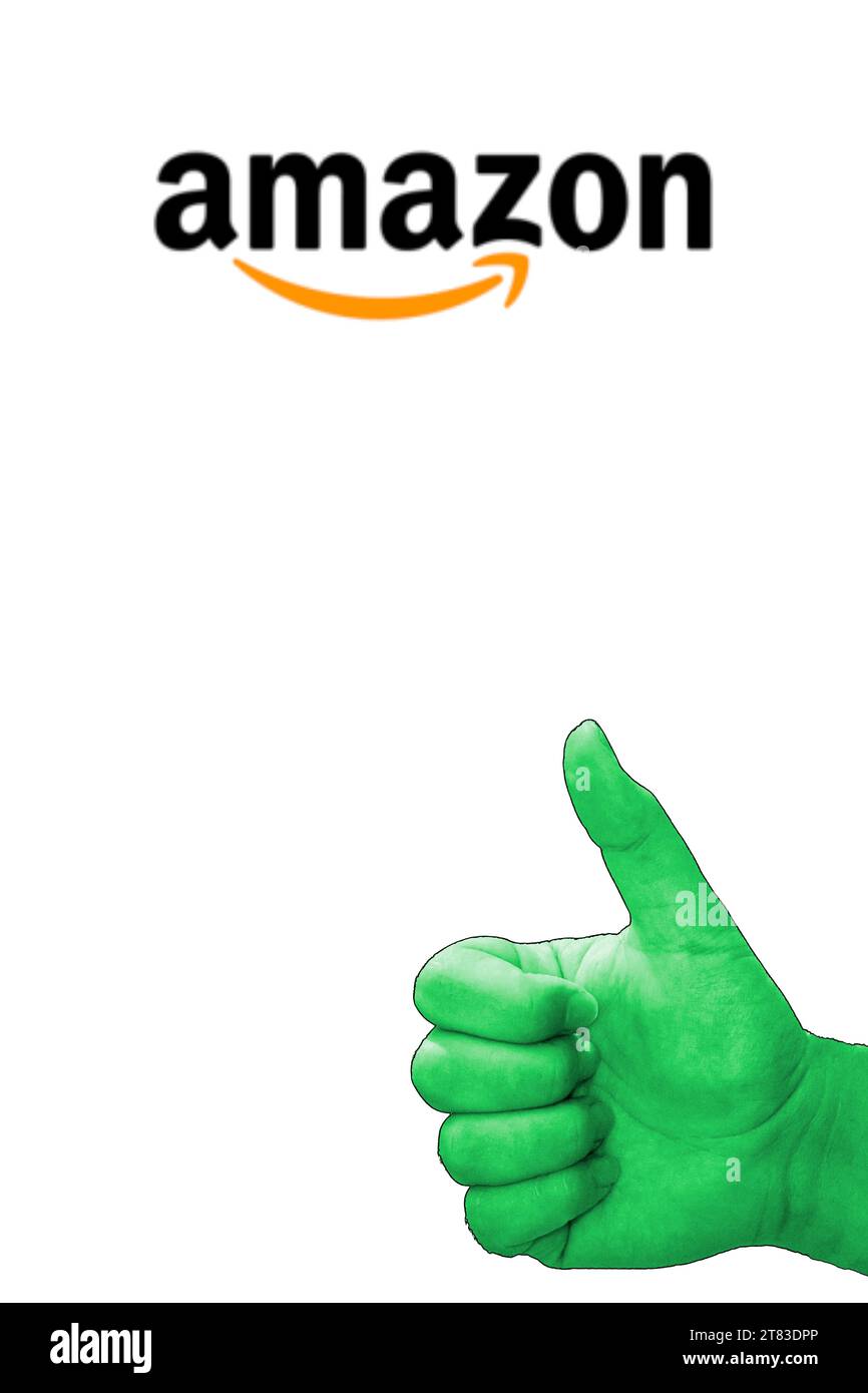 Green thumbs up with the amazon company logo vertical image stock