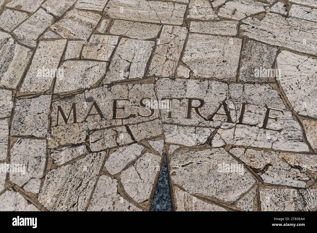 Detail of a compass rose with the direction of the Mistral, a French wind, on a mosaic floor, Finale Ligure, Savona, Liguria, Italy Stock Photo