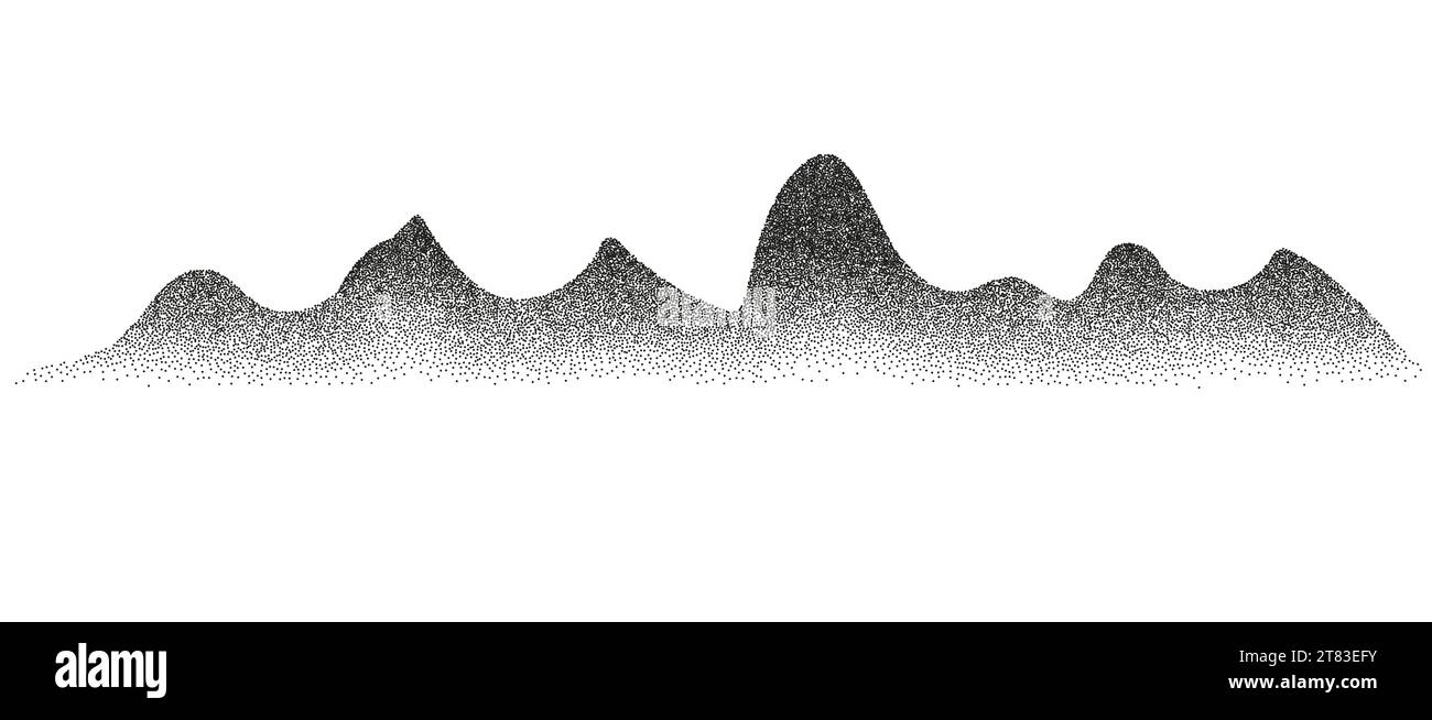Grain mountain texture noise sand black artwork gradient dot effect stipple. Dotwork mountain background. Stock Vector