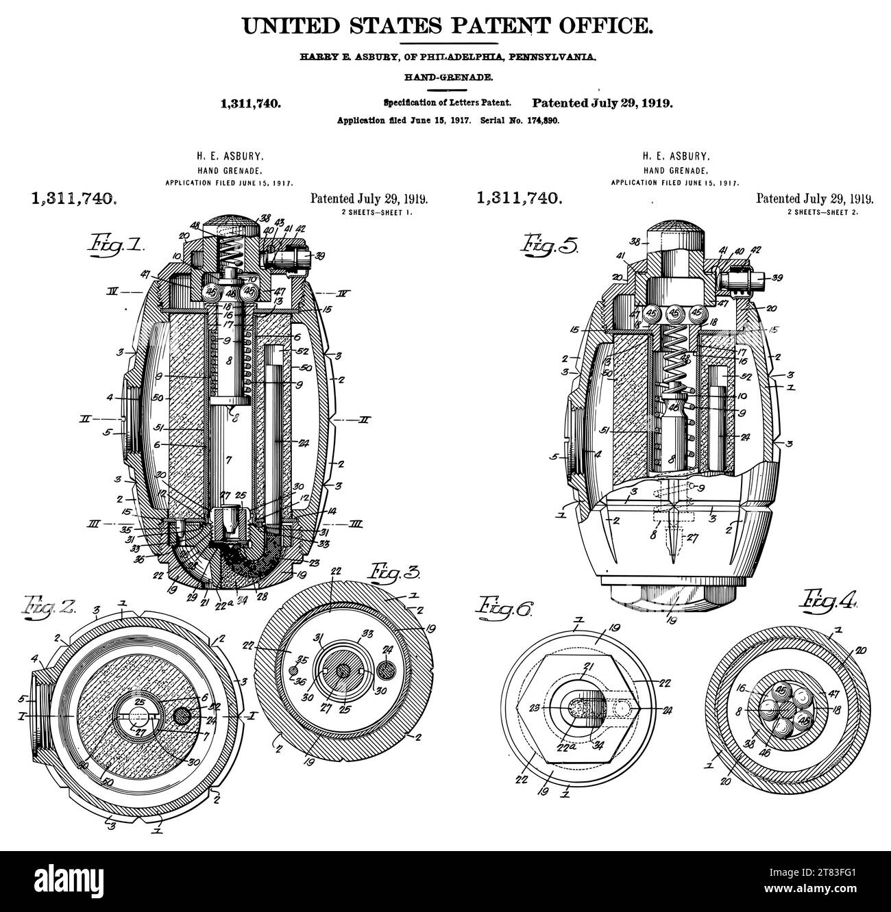 1919 Vintage hand grenade patent Stock Vector