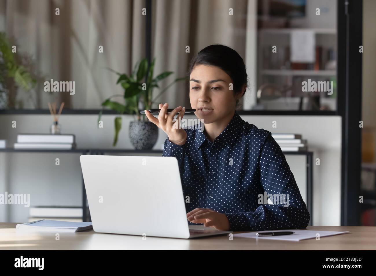 Serious confident Indian business woman, leader working at laptop Stock Photo