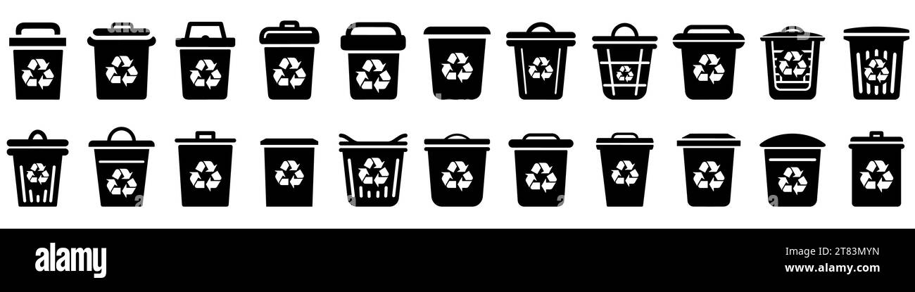Trash bin icon isolated. Set of black trash bin icons with different lid designs and recycling symbols. Waste management concept. Vector illustration Stock Vector