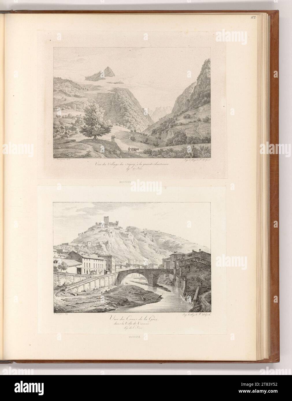 François Séraphin Delpech (Lithograph in) Village near the large cardhouse near Isère; View of a bridge near Vienne (isère). Lithography around 1818 Stock Photo