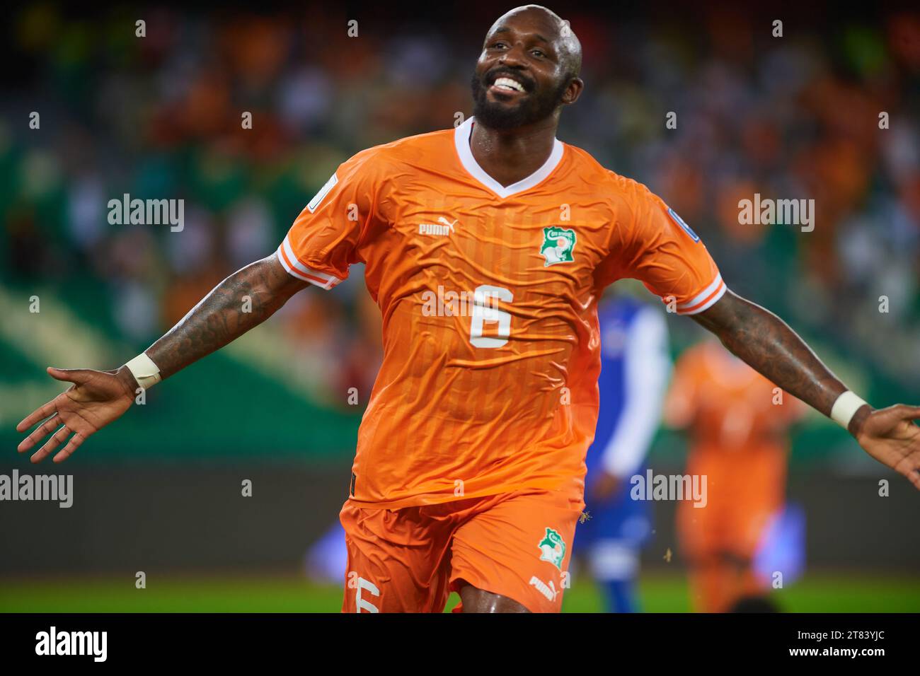 Seko Fofana celebrating his goal against Seychelles Stock Photo