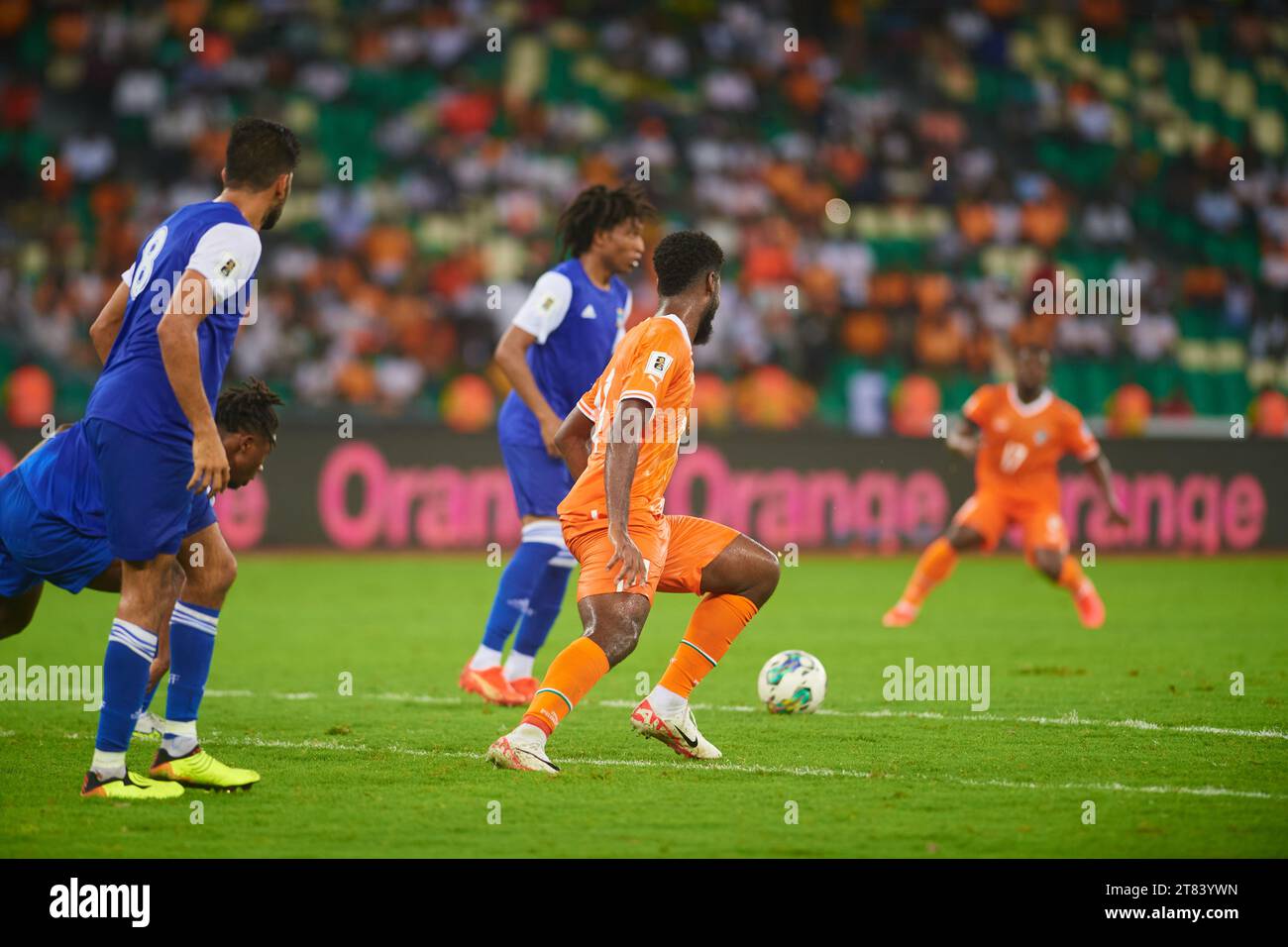 the Ivorian Krasso Jean Philippe pressing on the Seychellois ball carrier Stock Photo