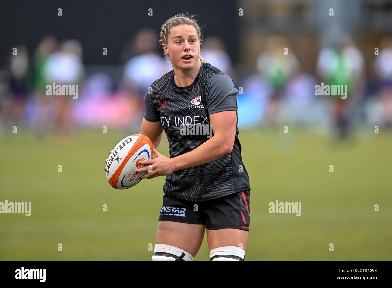 Sophie De Goede of Saracens Women warms up before the Womens Allianz Premier 15s match between Saracens Women and Loughborough Lightining at the StoneX Stadium, London, England on 18 November 2023. Photo by Phil Hutchinson. Editorial use only, license required for commercial use. No use in betting, games or a single club/league/player publications. Credit: UK Sports Pics Ltd/Alamy Live News Stock Photo