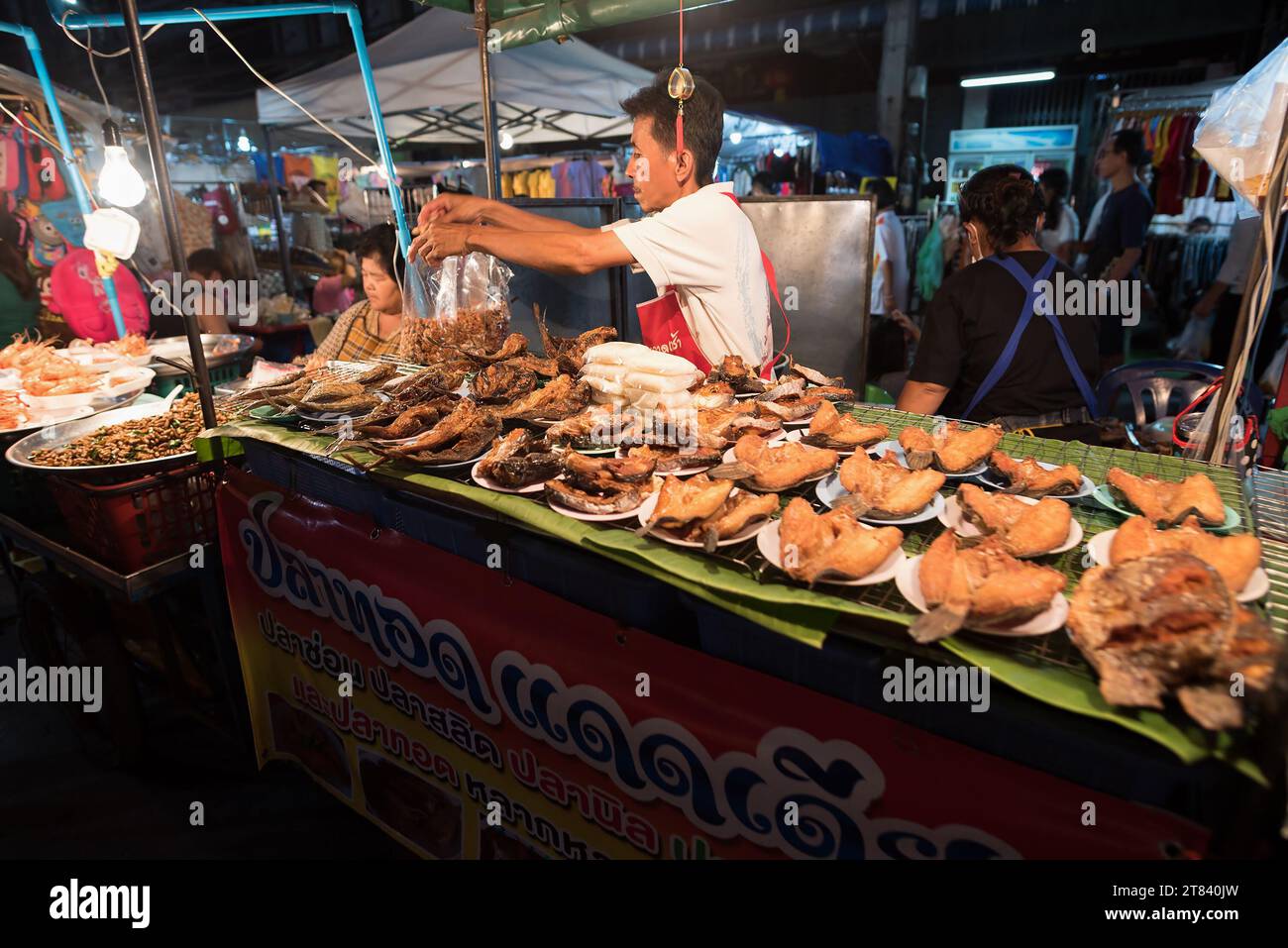Pak Chong, Khao Yai, Thailand - Jun 2, 2019: Variety of street food and cloth stores at Pak Chong night market, Khao Yai, Thailand. - Pak Chong Night Stock Photo