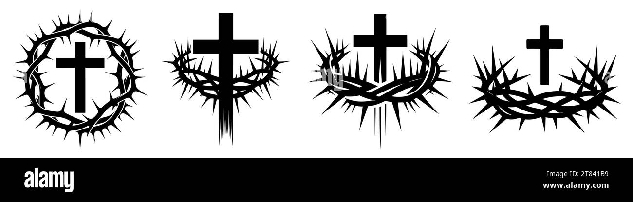 Christian cross with crown of thorns icon. Set of black silhouettes of a Christian symbols. Crucifixion of Jesus Christ. Vector illustration Stock Vector