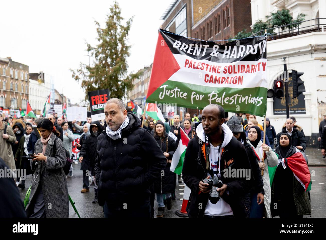 London, UK. 18th Nov, 2023. Protesters holding a banner and Palestinian flags march to the office of Sir Keir Starmer at Camden during the demonstration. Pro-Palestinian supporters gathered outside the office of Sir Keir Starmer, the leader of Labour Party in the UK and the Member of Parliament for Holborn and St Pancras, hundreds of local rallies in the UK are demanding a ceasefire on Israel-Gaza War. (Photo by Hesther Ng/SOPA Images/Sipa USA) Credit: Sipa USA/Alamy Live News Stock Photo