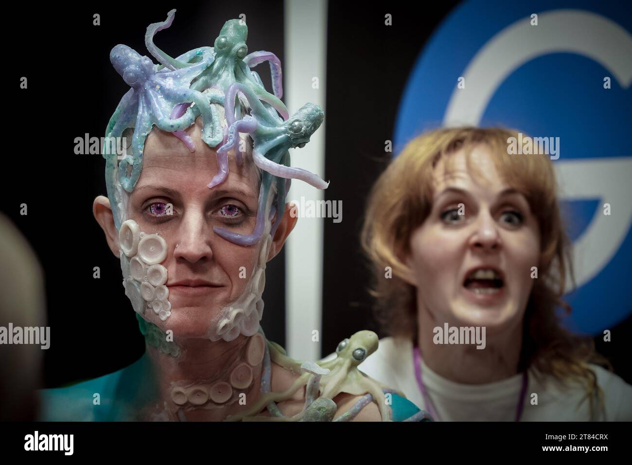 Coventry, UK. 18th November 2023. Striking makeup and prosthetic