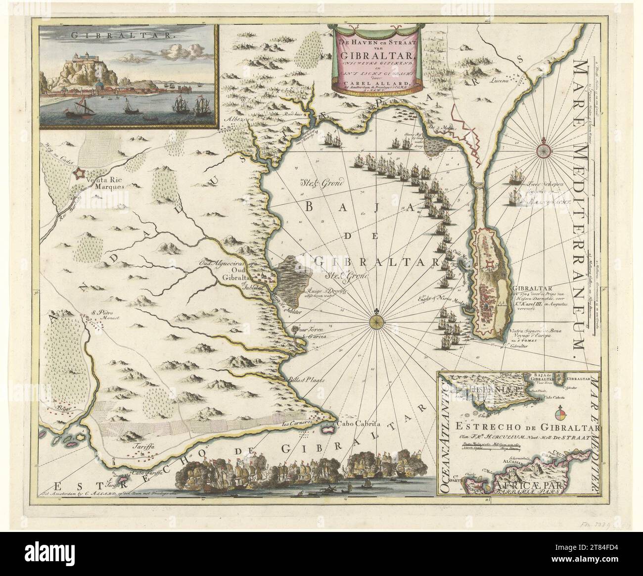 Map of Gibraltar, 1704 The Port and Strait of Gibraltar Stock Photo