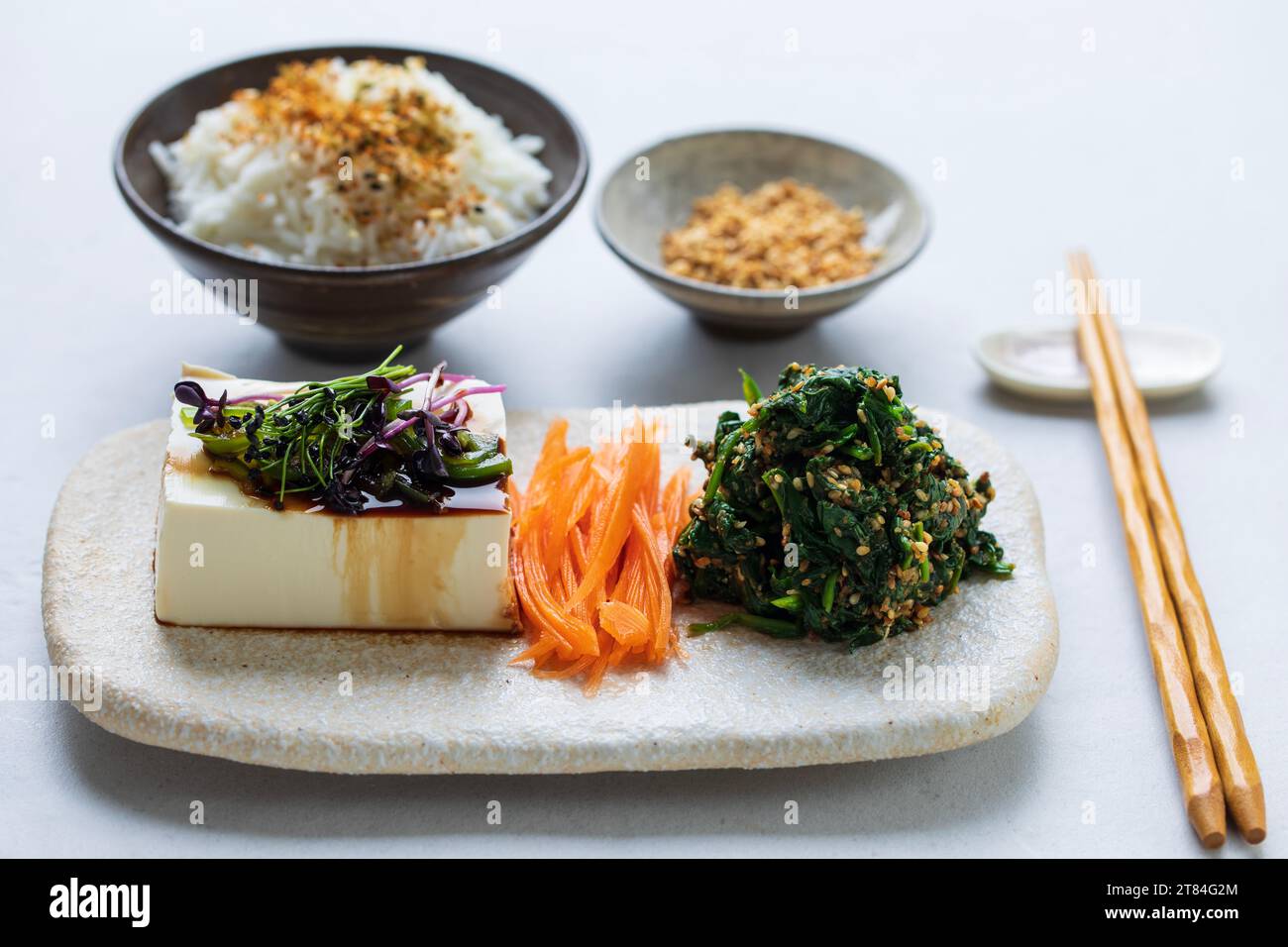 Japanese lunch with silken tofu, spinach gomae Stock Photo