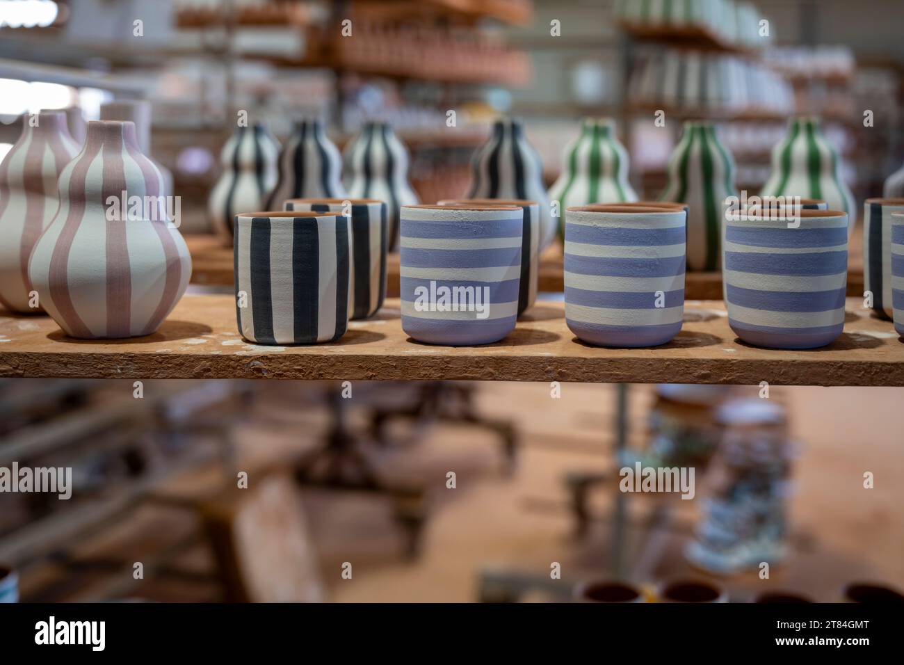 Hand Painted handmade pottery drying before final firing photographed