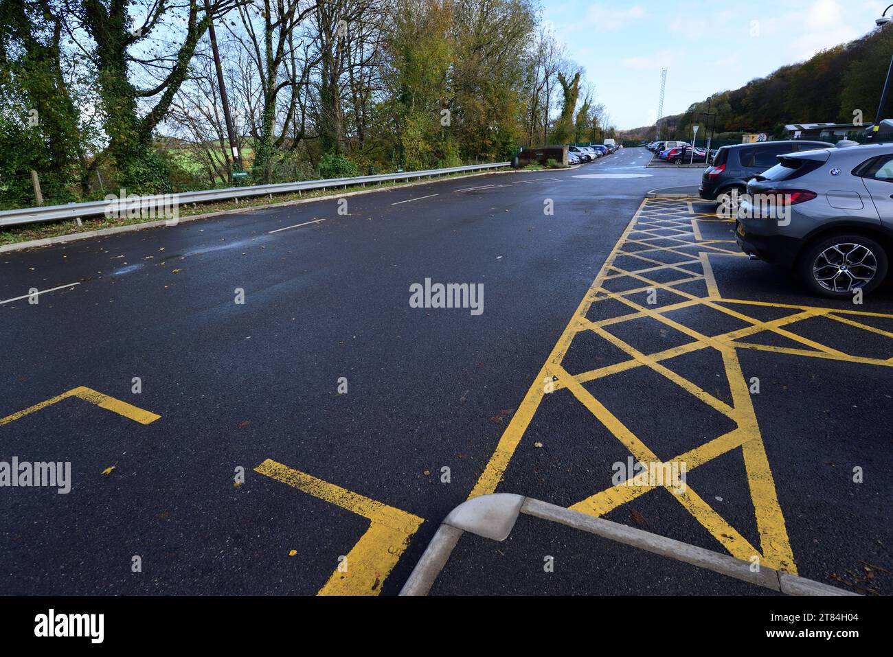 Yellow hatched markings in the car park at Okehampton railway station