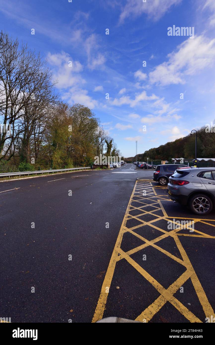 Yellow hatched markings in the car park at Okehampton railway station