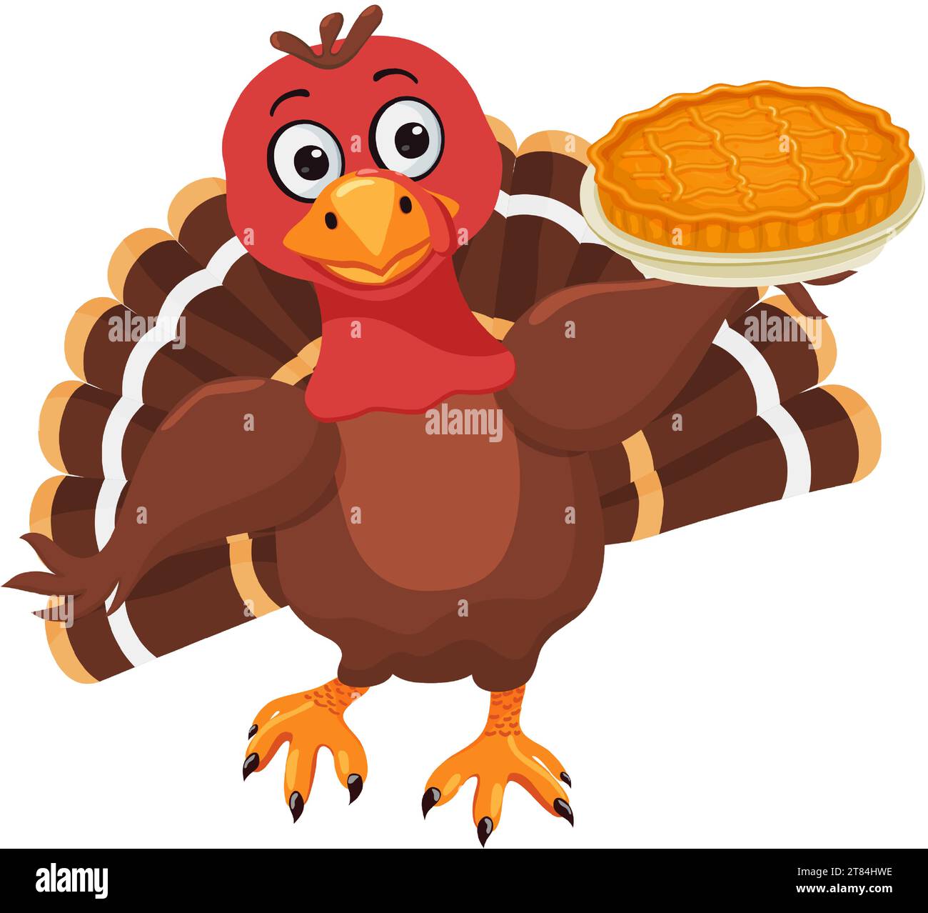 Funny cartoon turkey bird holding pumpkin pie. Traditional american, canadian symbol of Happy Thanksgiving Day. Cute character. Vector clipart. Vector Stock Vector