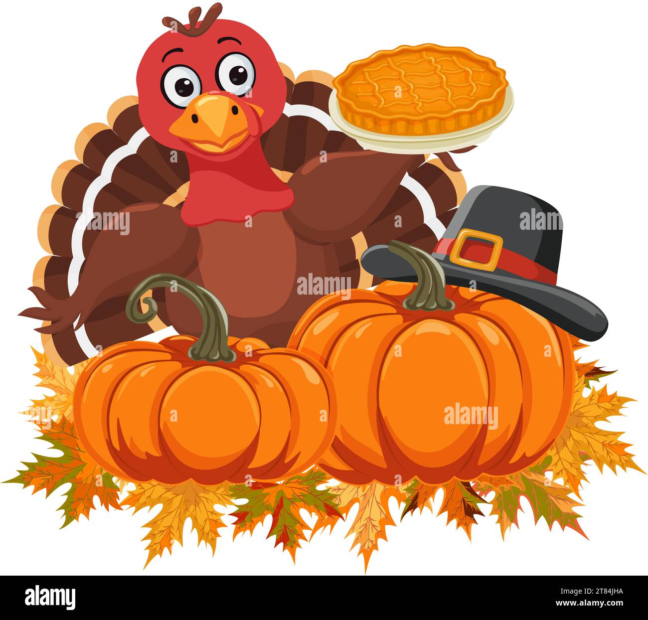 A funny cartoon turkey bird stands on the leaves next to the pumpkins in a pilgrims hat and holds a pumpkin pie. Traditional american, canadian symbol Stock Vector