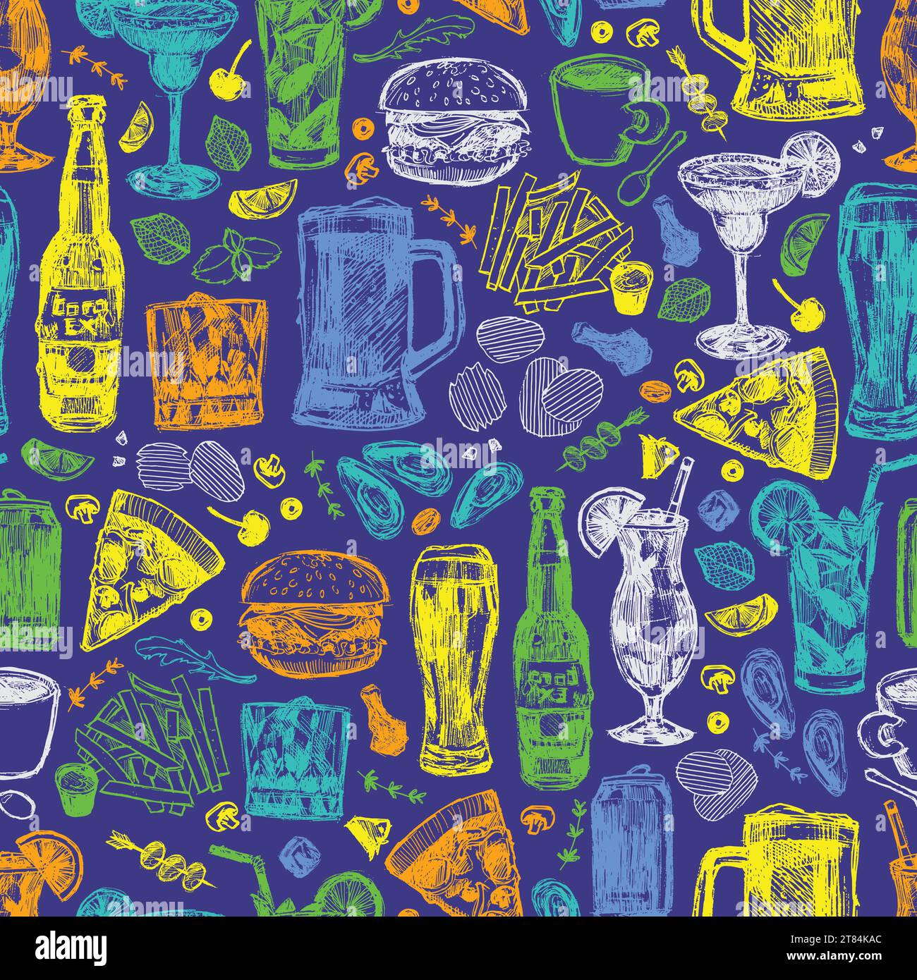 Vector bar cocktails alcoholic drinks and food seamless repeat pattern with dark blue background. Suitable for textile, nightclub menu and wallpaper. Stock Vector