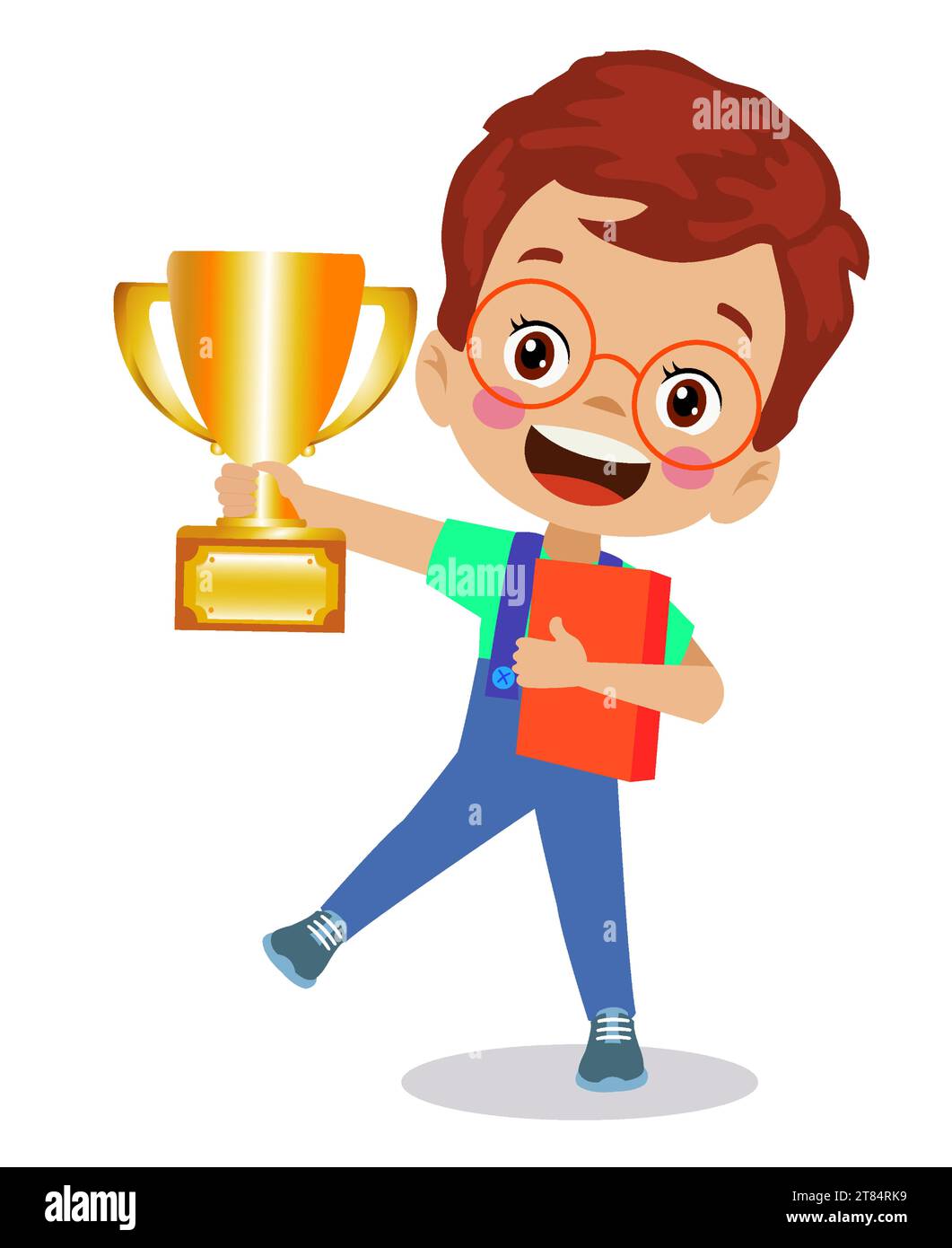 cute happy boy holding golden trophy Stock Vector