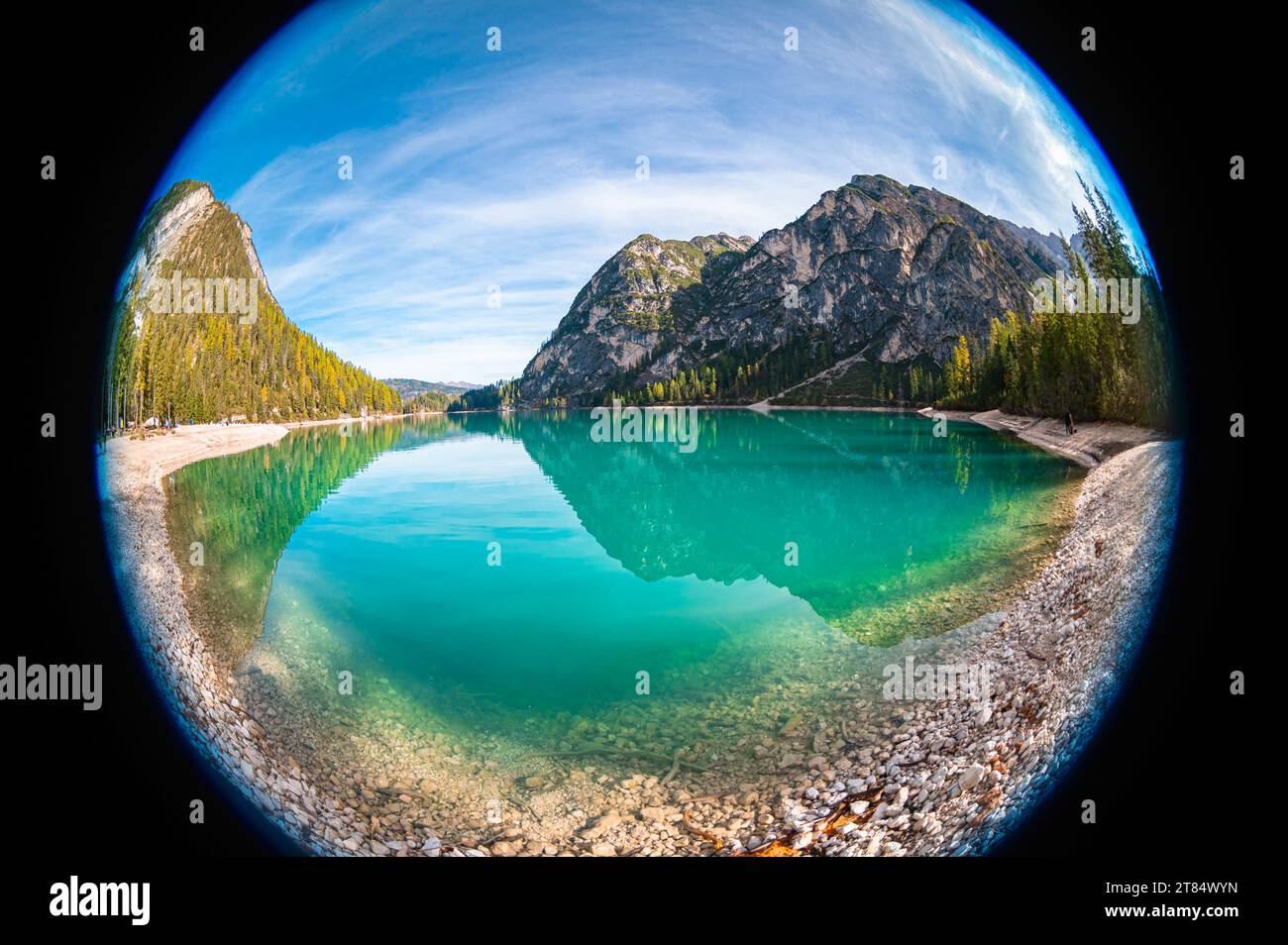 Fish eye view of turquoise colored Lake Braies in Italy's dolomite mountains. Stock Photo